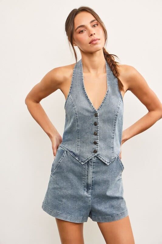 Halter Denim Romper Medium
